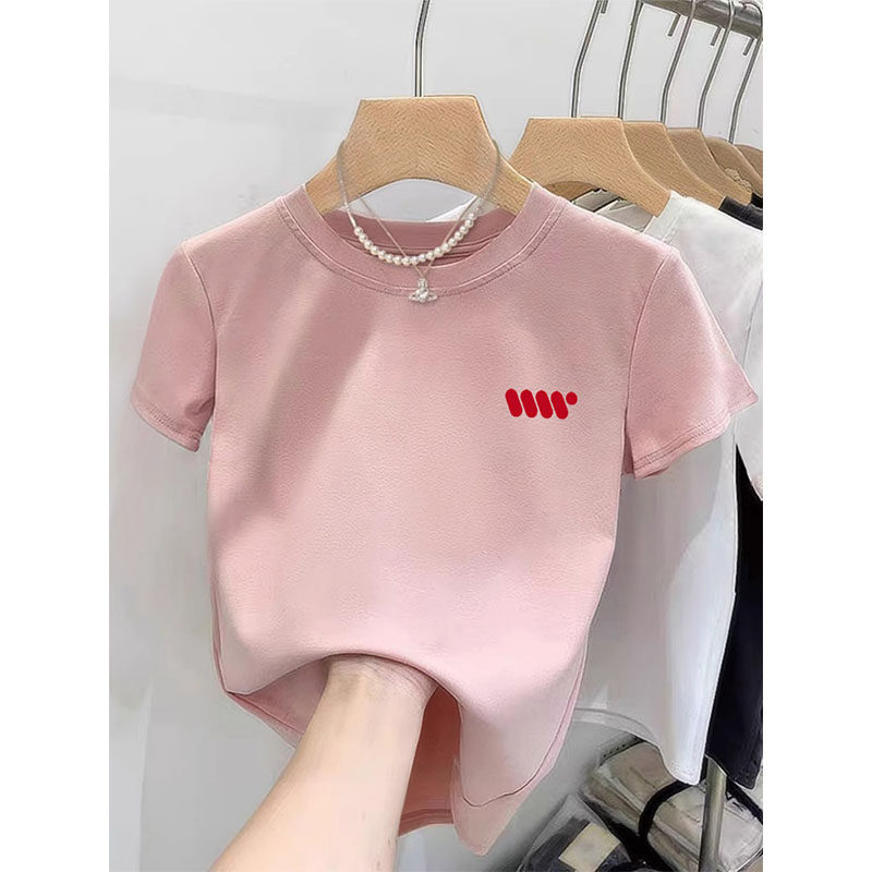 纯棉正肩短袖t恤女夏季2026年新款粉色多巴胺减龄小个子短款上衣