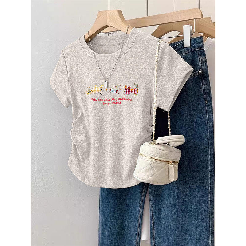 短款正肩纯棉短袖t恤女设计感小众收腰显瘦上衣褶皱打底衫夏季ins