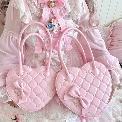 【现货】珍珠爱心包绵羊泡芙lolita甜娘蝴蝶结手提包斜跨