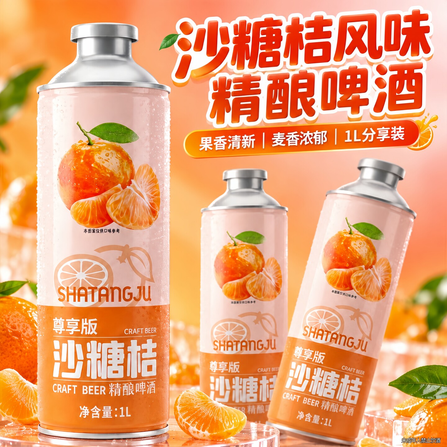 到手4大罐沙糖桔精酿啤酒1L/罐装大容量高颜值罐装果味啤酒