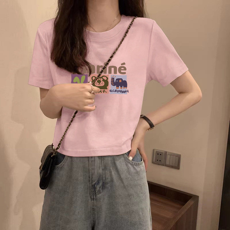 春夏2026新款纯棉圆领短袖t恤女设计感小众减龄显瘦短款内搭上衣