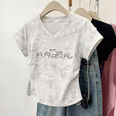 v领扎染短袖T恤女装夏季新款褶皱修身显瘦不规则小众短款内搭上衣