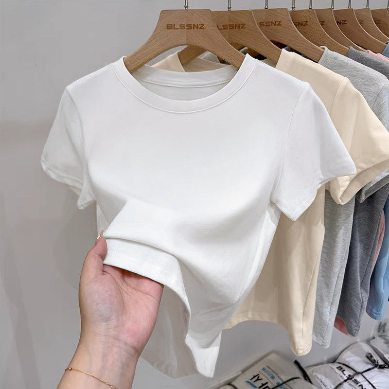 白色短袖t恤女2026新款夏季短款纯棉打底衫纯色内搭半袖正肩上衣
