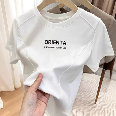 正肩短袖t恤女鱼骨显瘦短款上衣