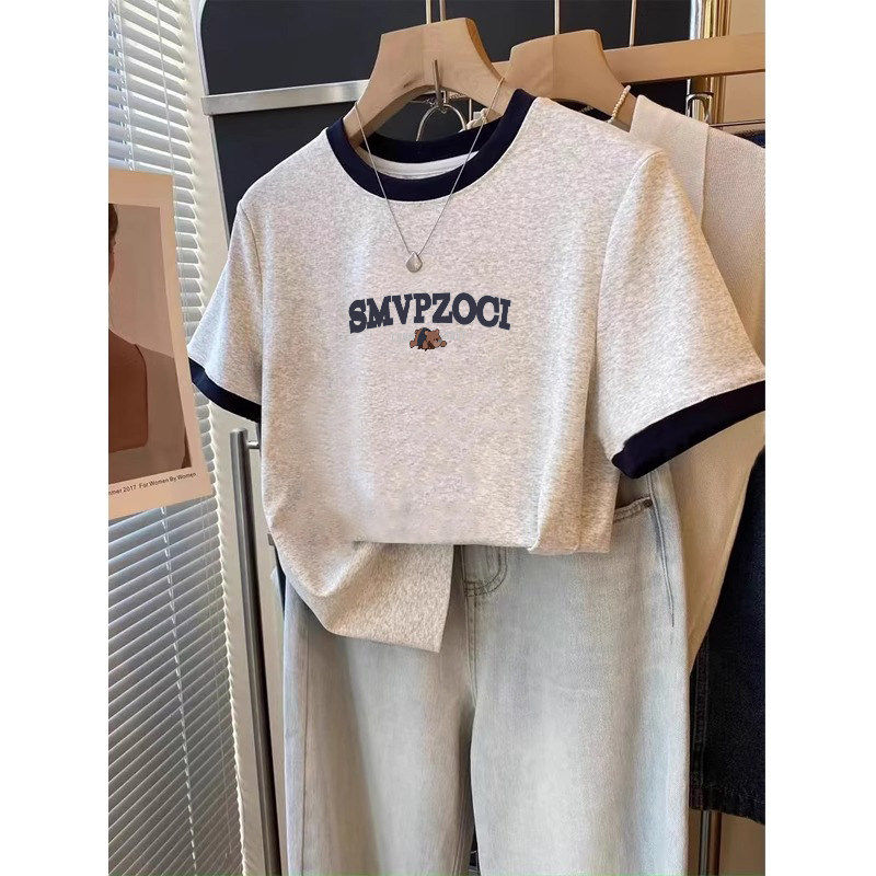 撞色拼接短袖T恤女2026年春夏季时尚设计感小众内搭圆领上衣ins潮