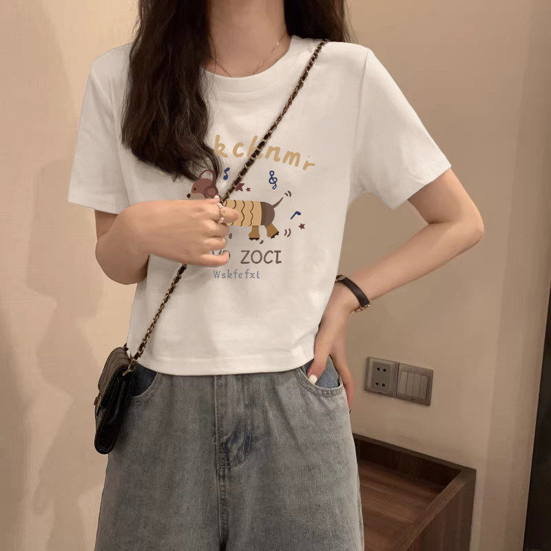 白色短袖t恤女夏季新款修身显瘦卡通印花半袖内搭正肩纯棉小上衣