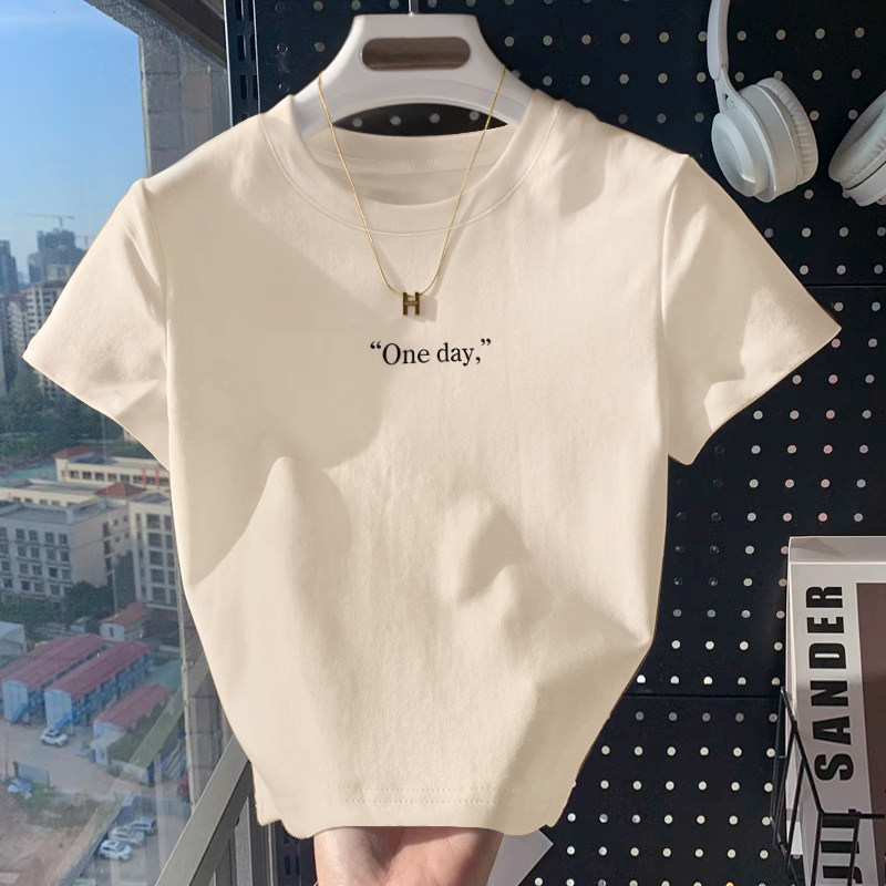 美式正肩短袖T恤女夏季新款奶油色显瘦短款小个子辣妹体恤上衣服