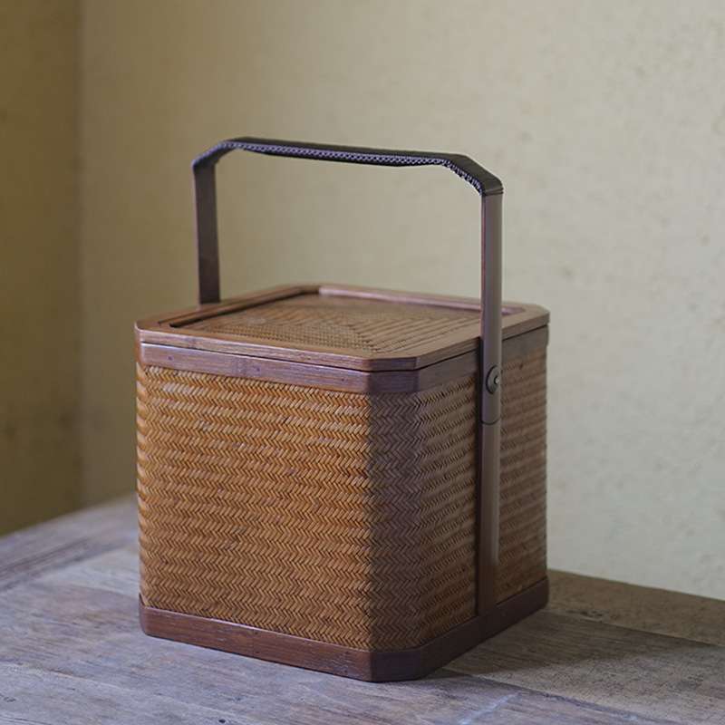 复古竹编竹篮带盖手提茶具收纳篮野餐食盒便携旅行茶具箱收纳盒