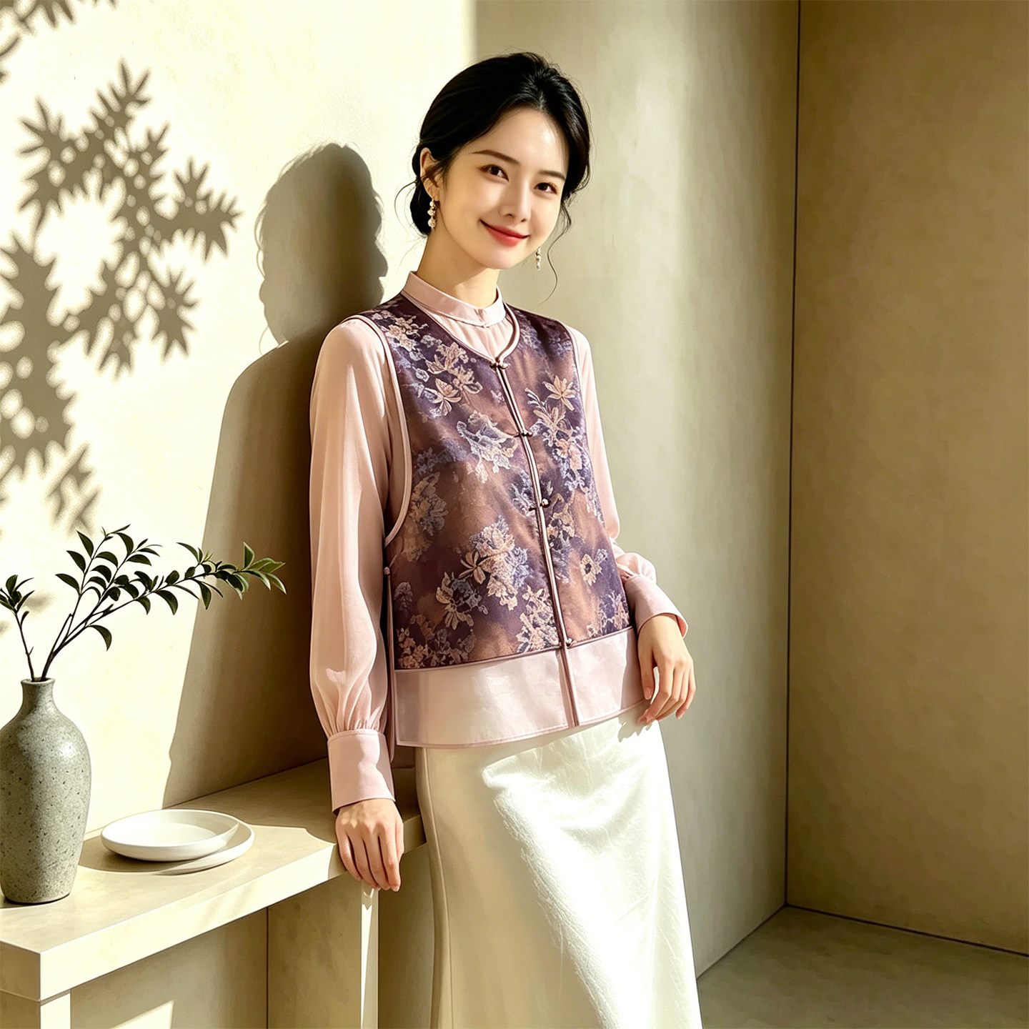 2026桑蚕丝浮光锦印花新中式马甲女夏季轻薄背心优雅气质真丝罩衫