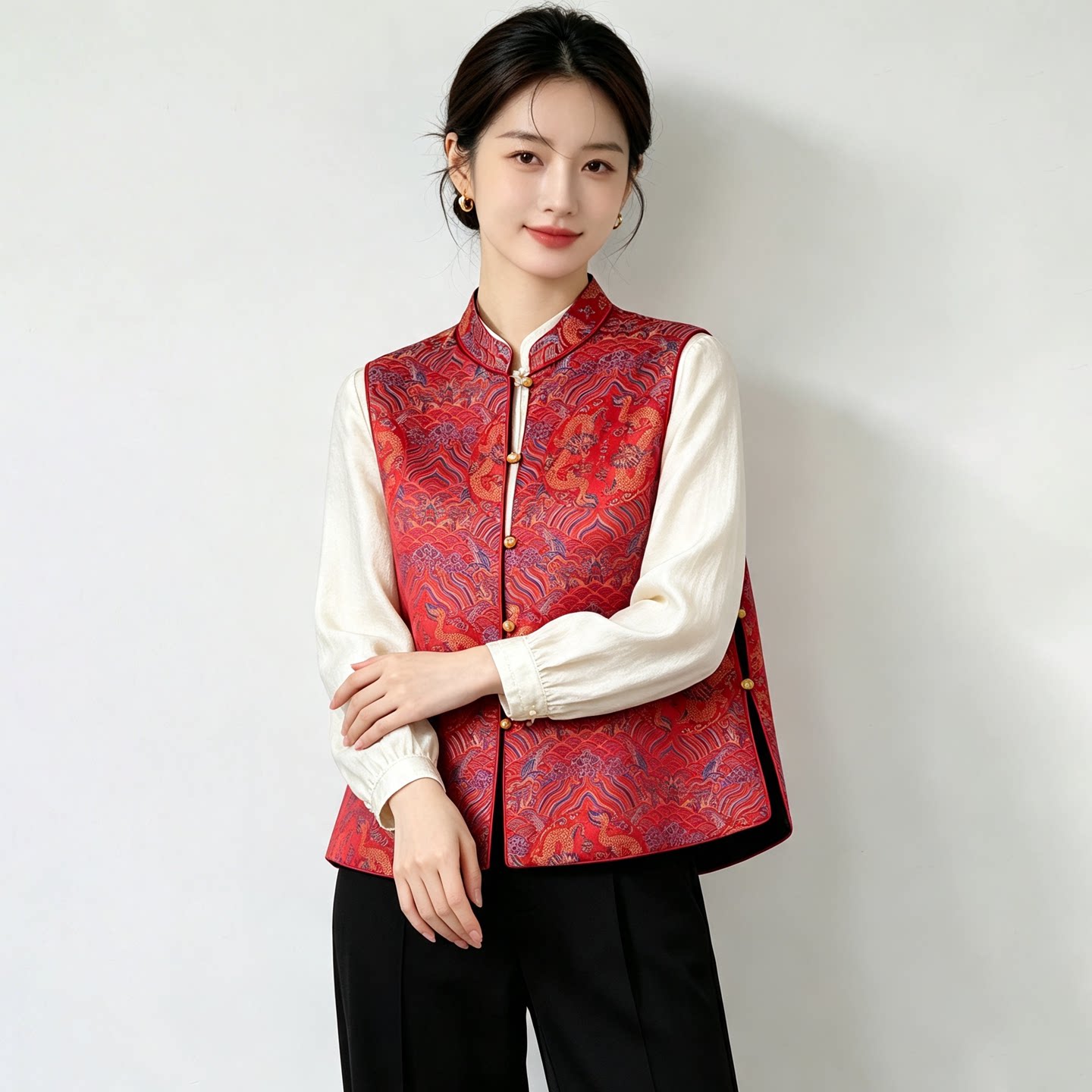 新中式天丝印花立领遮肉马甲女