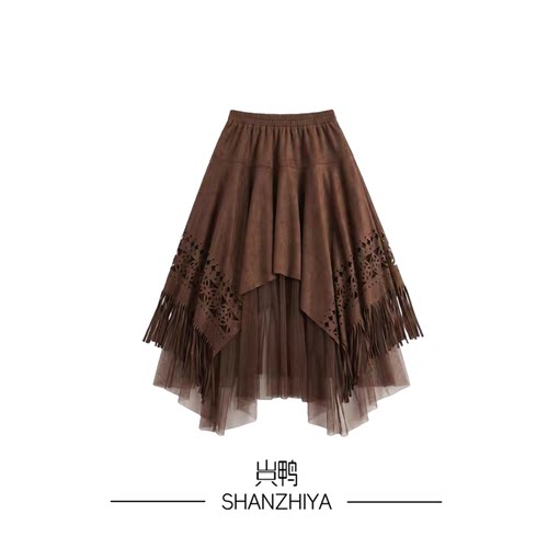 山只鸭/SZY 流苏不规则半身裙女裙2026镂空大摆裙中长裙