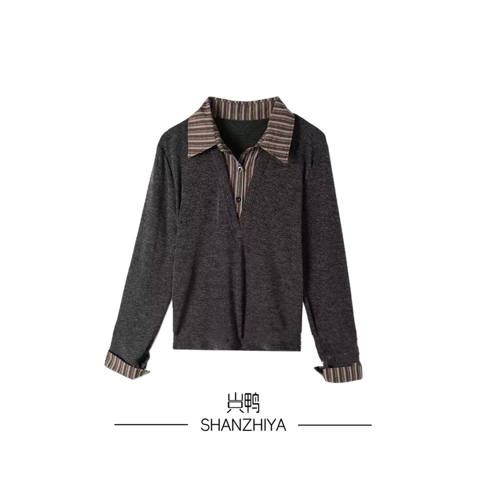 山只鸭/SZY 2026秋季新款高级感气质时尚polo领拼接假两件衬衫