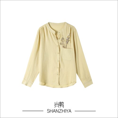山只鸭/SZY 显瘦圆领口袋单排扣长袖衬衫上衣女春季HH