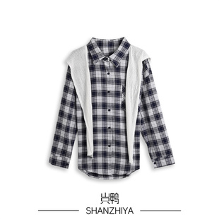 新品 山只鸭 女26春季 设计感披肩格子衬衫 SZY
