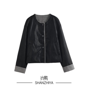 圆领格纹拼接上衣 假两件皮衣外套女2026新款 山只鸭 SZY