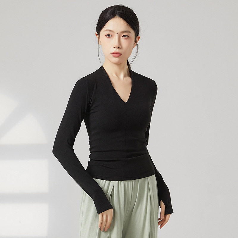 现代舞套指长袖V领背心舞蹈上衣形体服日常修身古典舞练功服