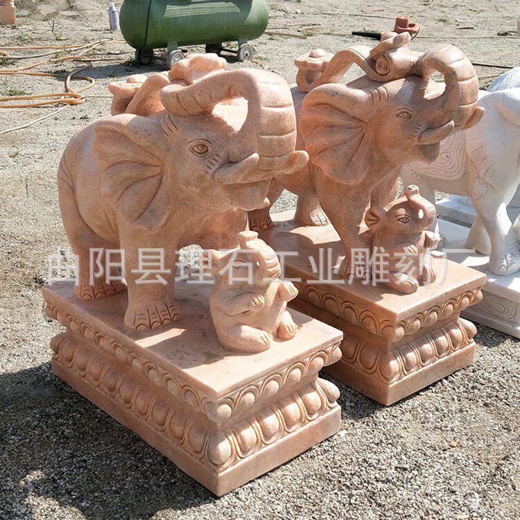 石雕大象 晚霞红石雕小象母子石象吉祥动物雕塑门口摆放