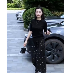 2026夏季新款简约时尚套装女黑色短袖T恤波点半身裙两件套高级感