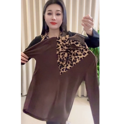2026秋季新款豹纹蝴蝶结斜肩短袖女修身显瘦百搭气质上衣休闲