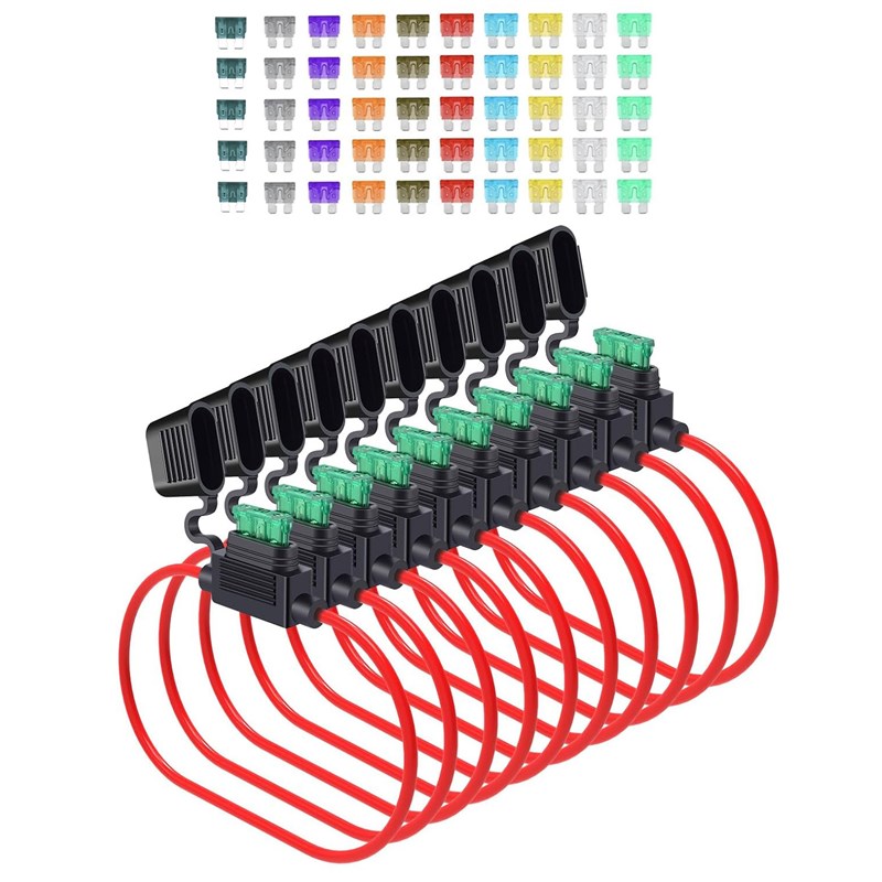 10套袋装 14AWG 1-30A 锌制中号直插式保险丝座刀片式汽车保险丝