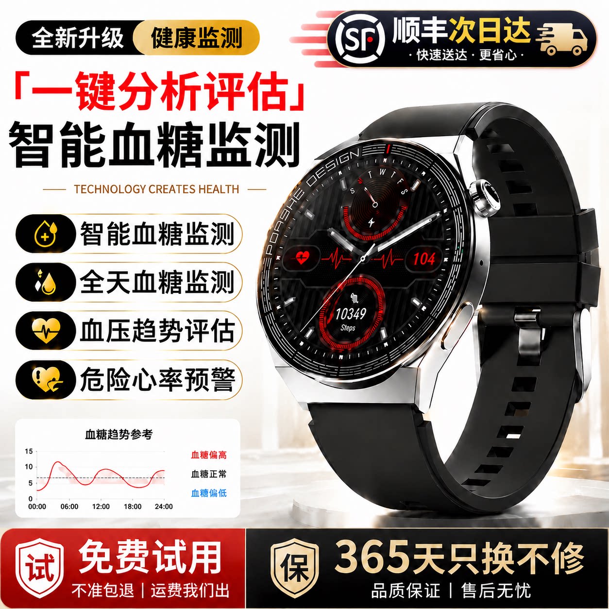 测心率血糖血压尿酸一体智能手表