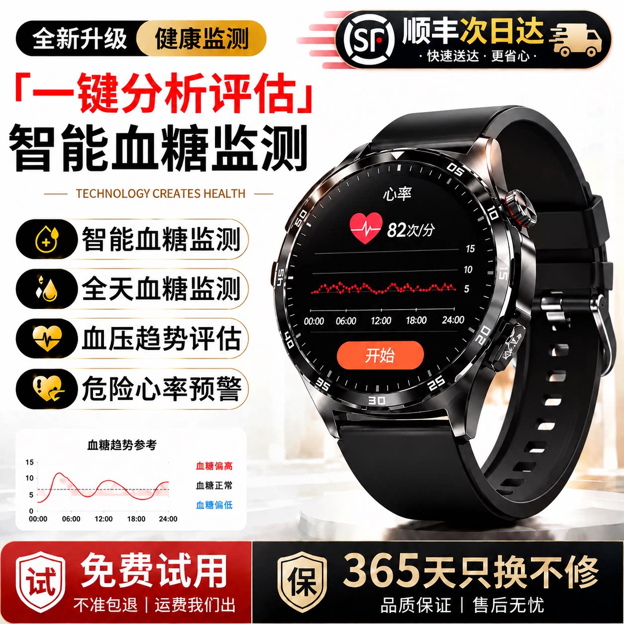 测心率血糖血压尿酸一体智能手表