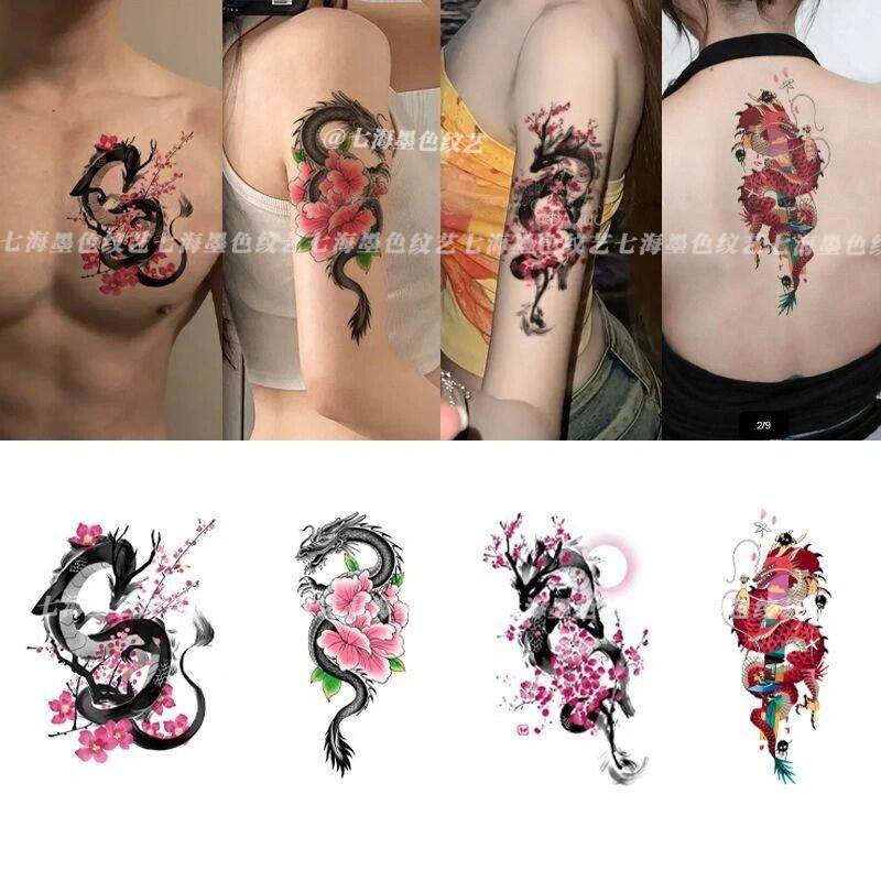 国风龙缠梅花彩色纹身贴防水持久真高颜值霸气花臂男女刺青可洗