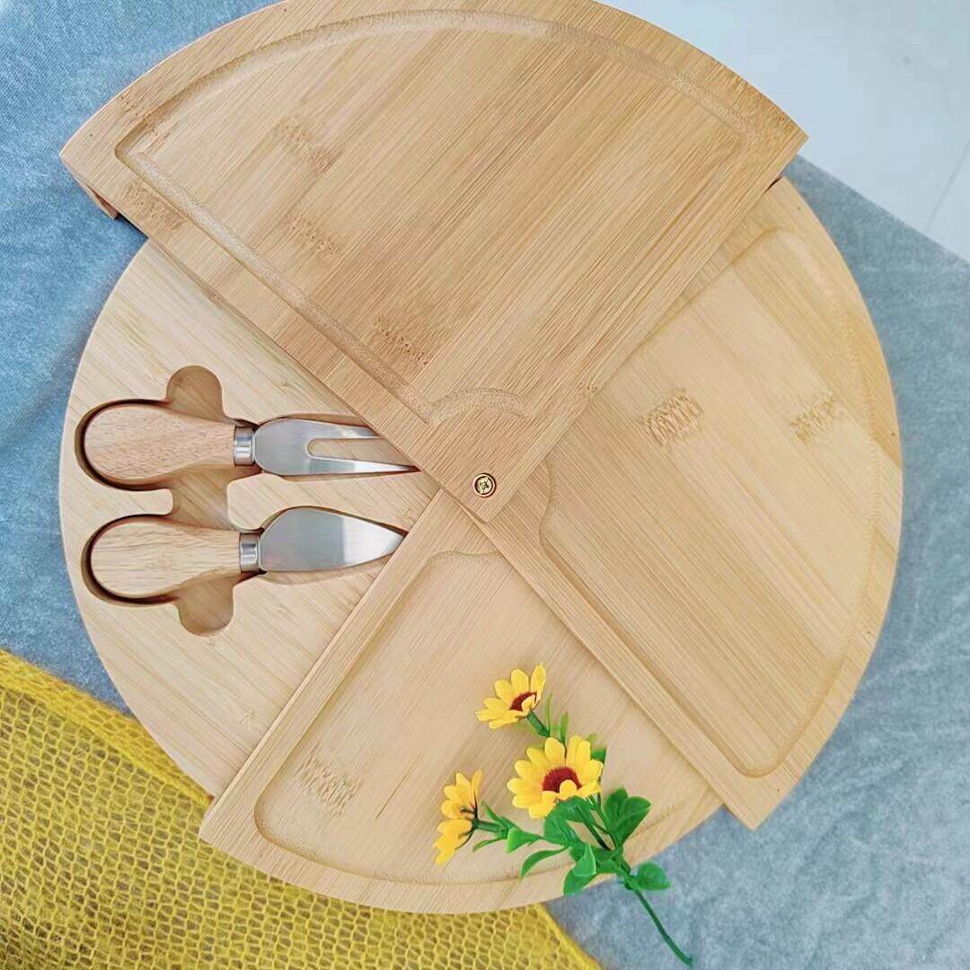 竹制芝士板套装圆形可旋转奶酪板菜板含刀具起司板面包水果盘
