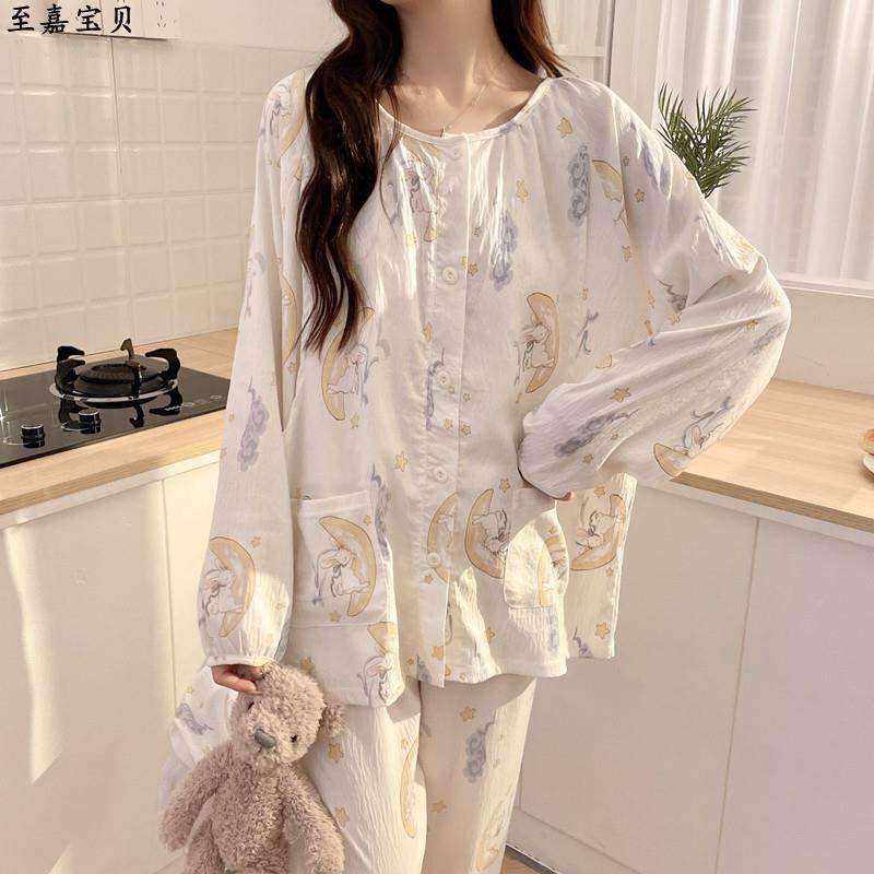 带胸垫月子服春秋坐月子产后哺乳圆领孕妇睡衣夏季薄款可调节大码