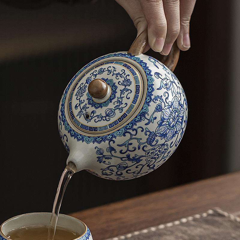 汝窑青花茶壶泡茶单壶陶瓷茶具茶杯家用喝茶西施壶套装汝瓷泡茶壶