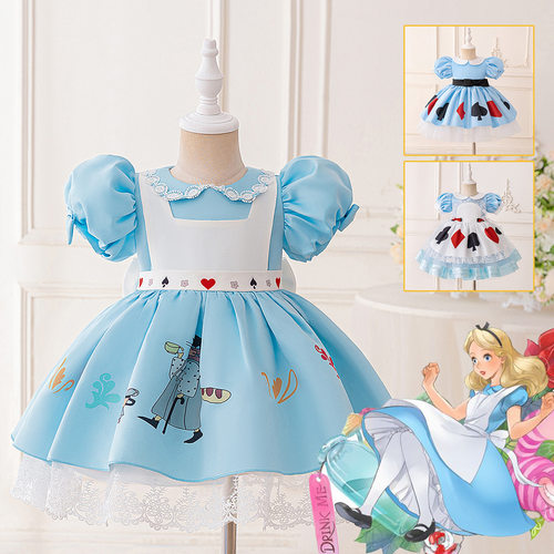新款女童爱丽丝梦游仙境儿童周岁礼服印花蓬蓬公主裙cos角色派对