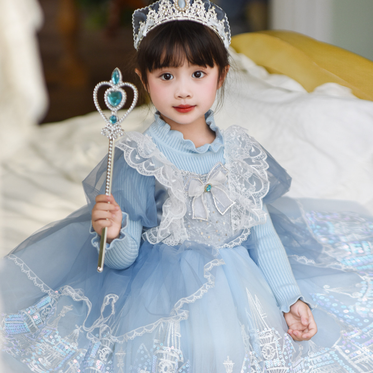 女童2024秋季新冰雪奇缘爱莎公主连衣裙女童洋气针织毛衣蓬蓬裙子,童装/婴儿装/亲子装,儿童礼服,淘宝优惠券,粉丝福利购,淘宝优惠卷