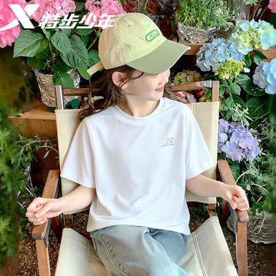 特步女童短袖冰丝t恤2026新款白色夏季时尚潮流儿童上衣半袖体恤