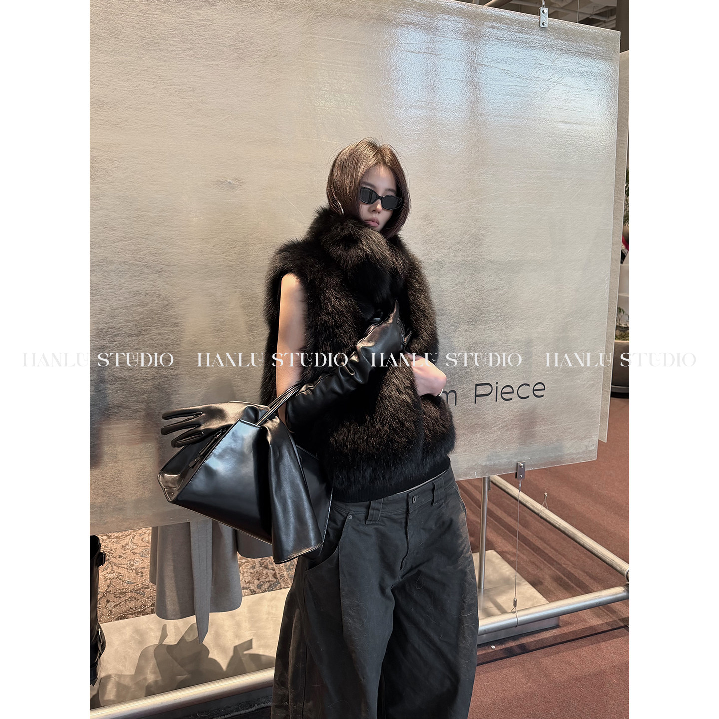 hanlu studio品牌皮草马甲整皮狐狸背毛立领叠穿时髦精黑色外套