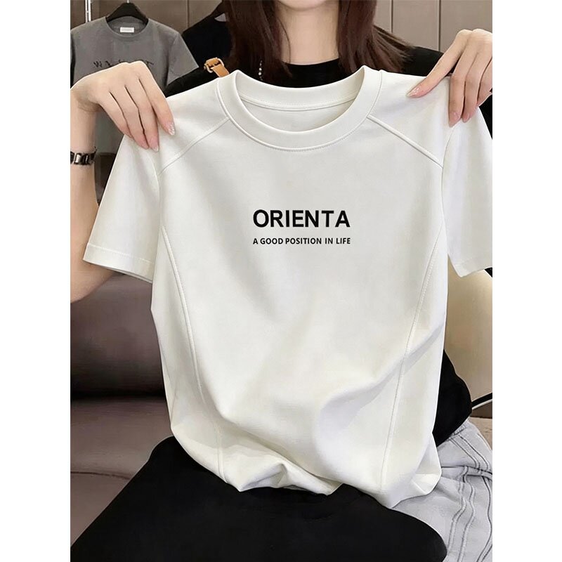 白色圆领短袖t恤女夏新款棉质正肩鱼骨显瘦字母印花短款洋气上衣