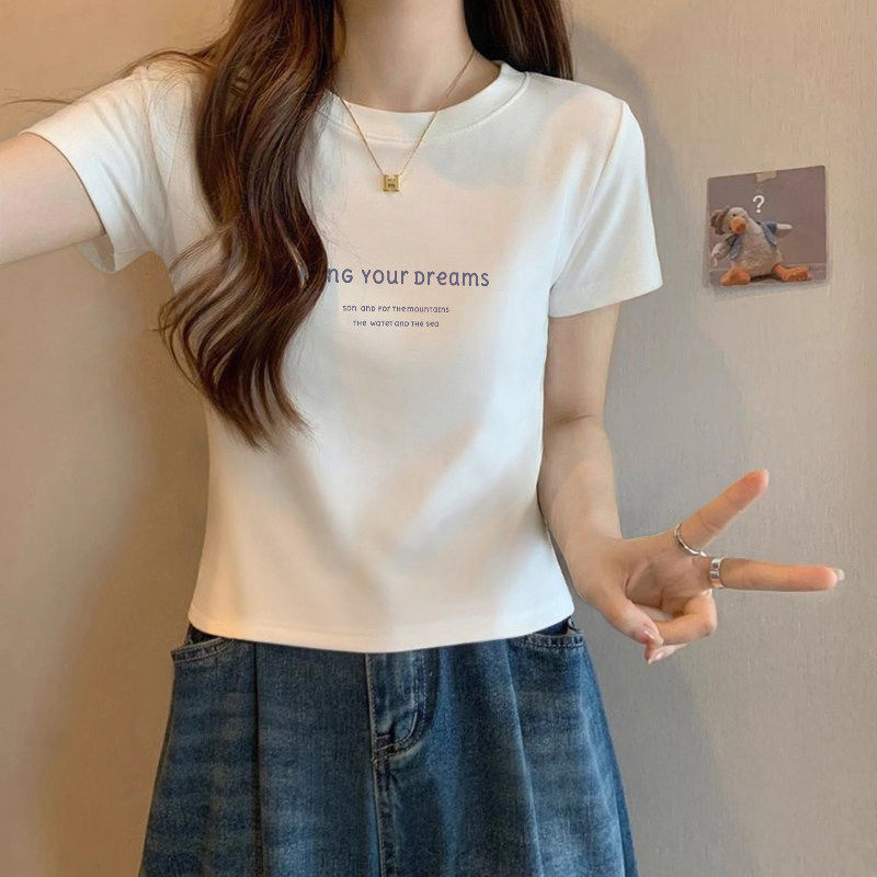 纯棉小众短袖T恤女2026春夏新款小个子字母印花正肩短款显瘦上衣