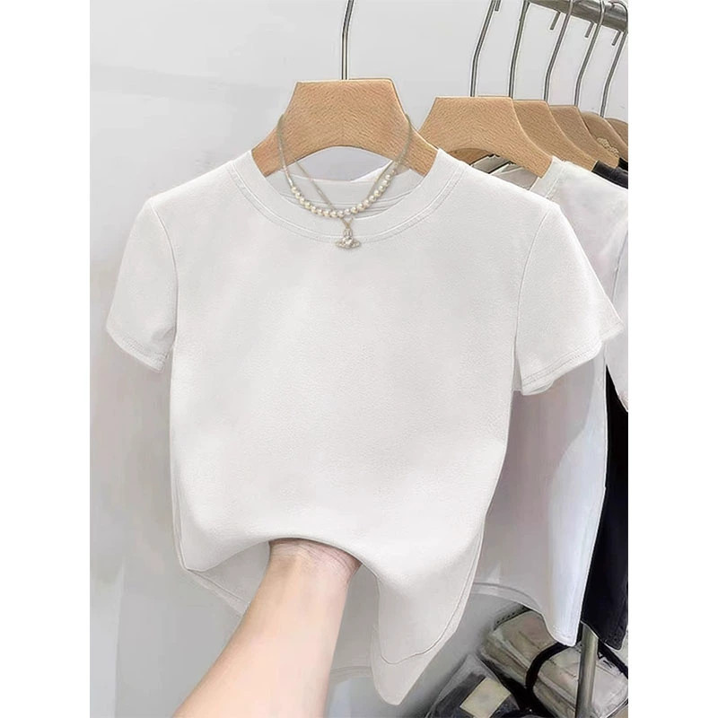 白色短款t恤女2026夏季新款修身显瘦纯棉短袖质感打底体恤上衣潮