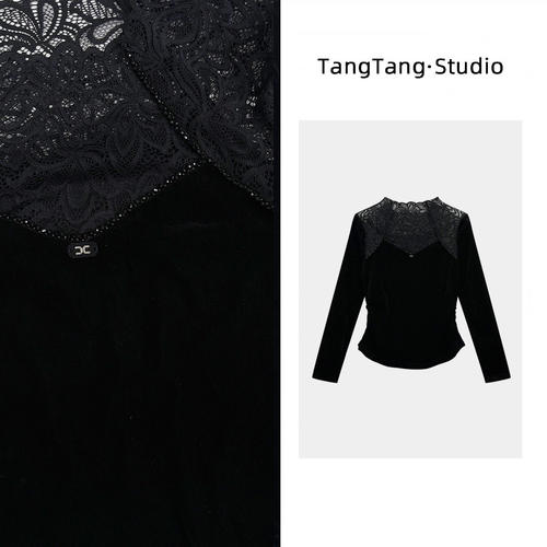 糖糖 蕾丝上衣丝绒高级气质显瘦女装上衣-258993