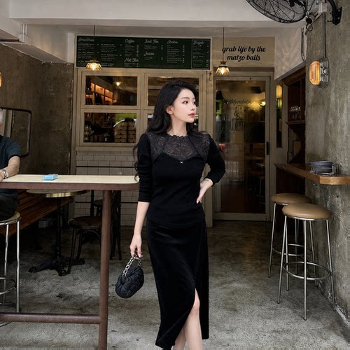 【TangTang·Studio】2026秋蕾丝上衣丝绒黑色蕾丝雪纺衫-258993