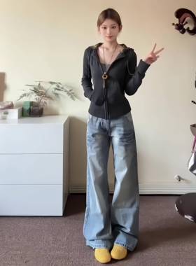 美衣收复古式格子连帽毛外J0409E 套女秋冬季修身腰短款针织开衫