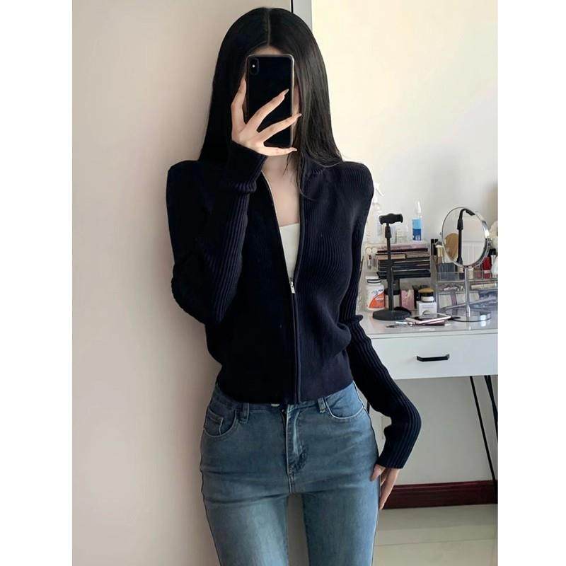 黑色拉链织开衫963R外套4女装针早秋季202新款外搭毛修衣身打底衫