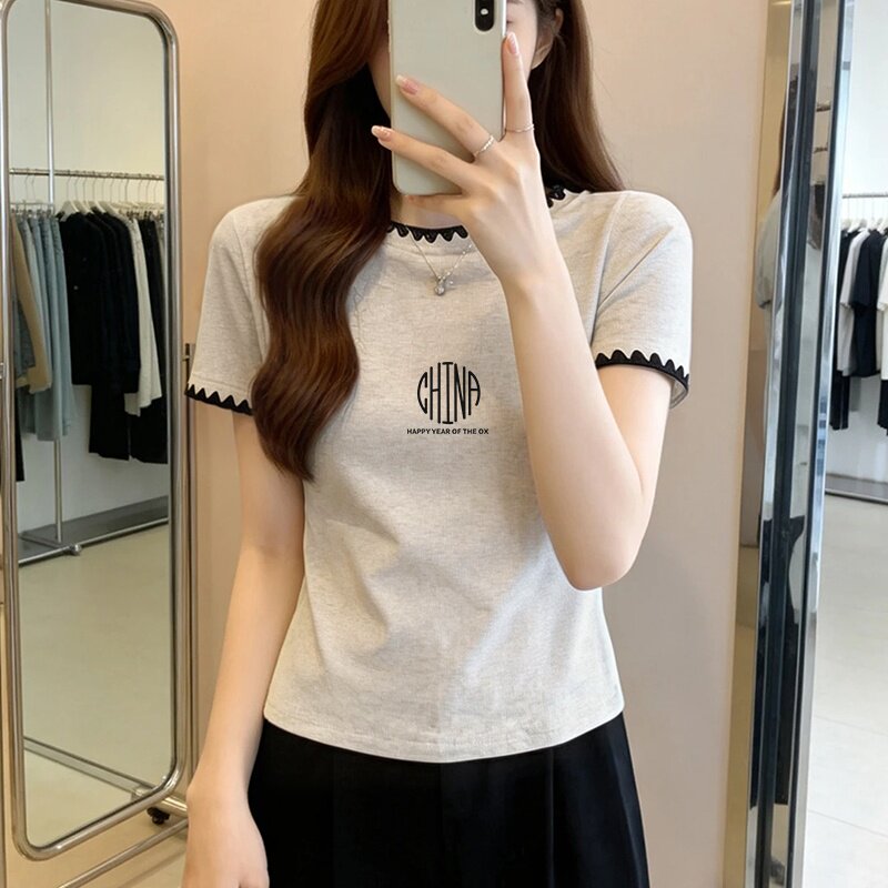 美式复古杏灰色t恤女短袖夏季新款圆领字母印花棉质显瘦上衣女ins