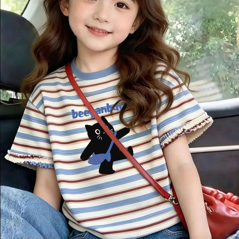 女童复古条纹短袖T恤夏新款卡通小猫印花可爱减龄百搭中大童上衣