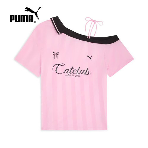 PUMA彪马世界杯足球风蝴蝶结斜肩运动短袖T恤女夏季上衣639891-01