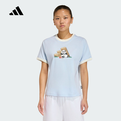 adidas阿迪达斯熊猫印花纯棉运动休闲短袖T恤2026夏女上衣 KB7214