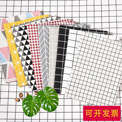 棉麻布料印花格子布ins风
