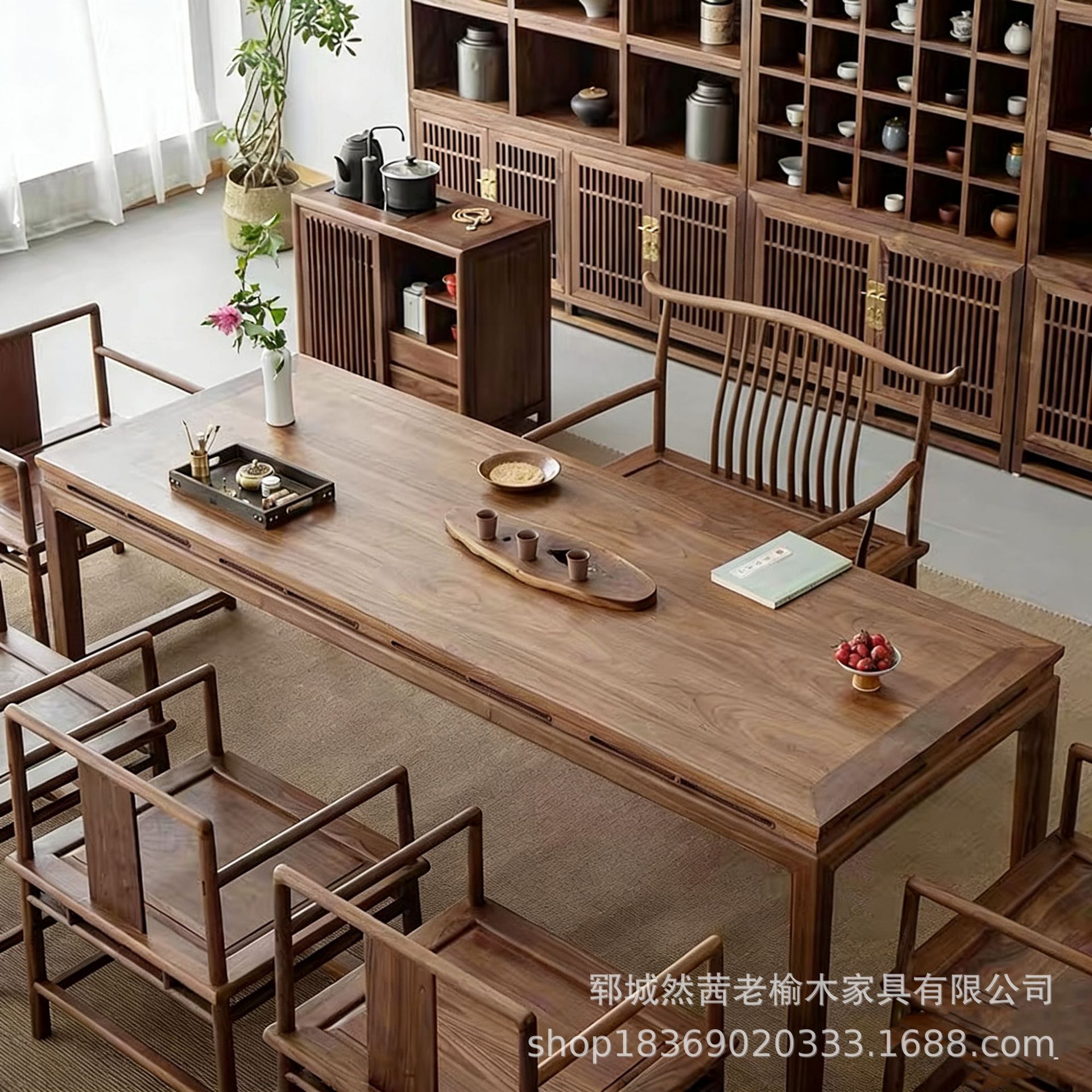 新中式老榆木茶桌办公室装饰长条门板桌待客会议喝茶台写字桌书桌