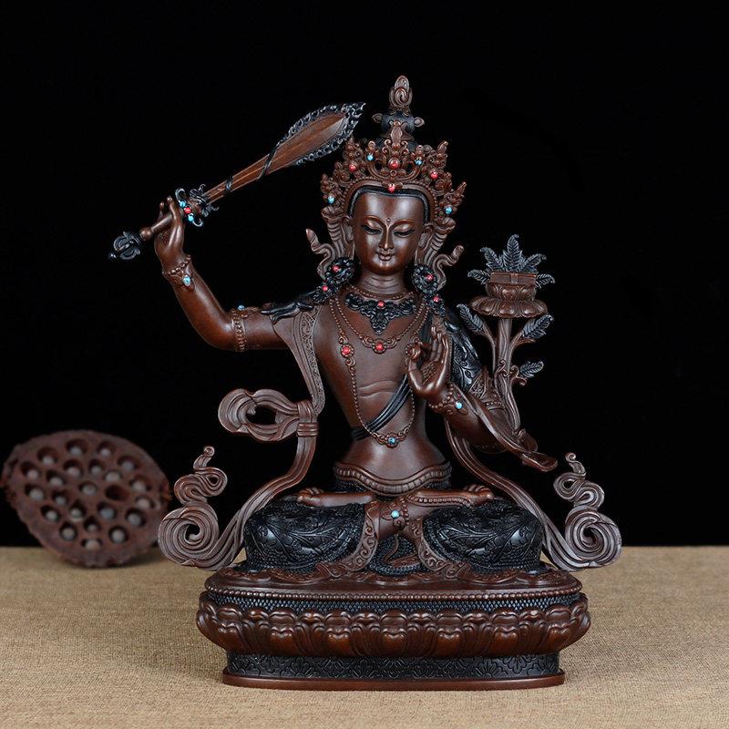 纯黄铜密宗文殊菩萨摆件举剑文殊佛像工艺品属兔本命佛客厅装饰品