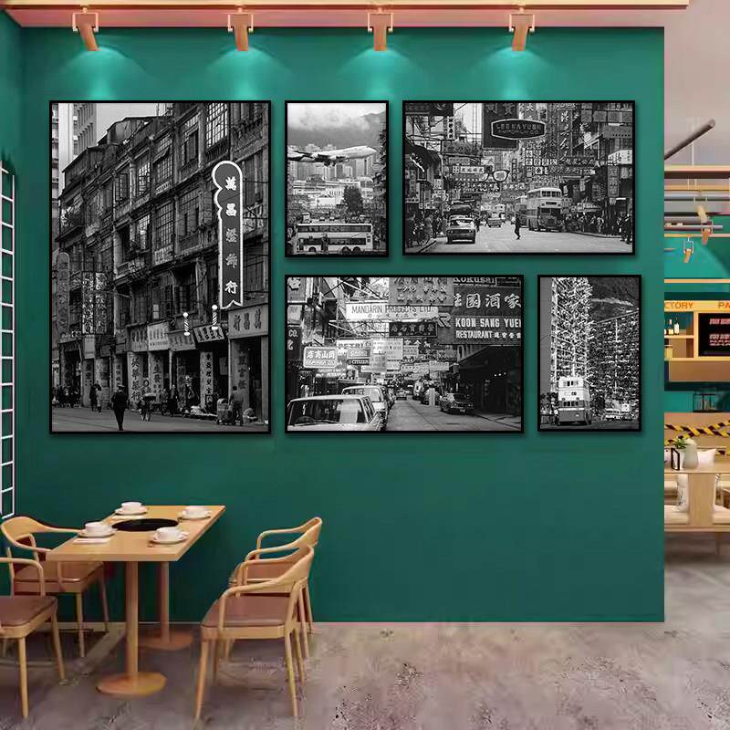 复古港风茶餐厅装饰画黑白怀旧老香港街景挂画港式餐厅饭店墙壁画