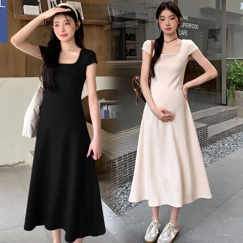 法式方领短袖孕妇洋装女2026时尚修身遮肚长裙夏天冰丝孕妇裙子